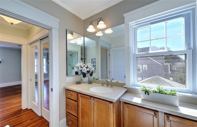 bathroom featuring wood finished floors, vanity, baseboards, french doors, and ornamental molding