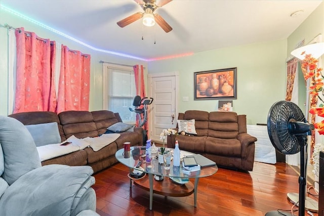 living room with ceiling fan and hardwood / wood-style floors