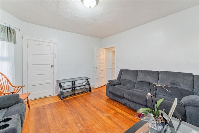 living room with light wood-type flooring and a textured ceiling