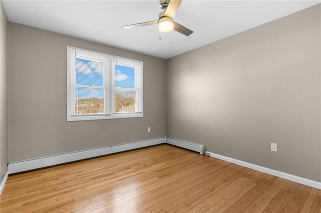 unfurnished room featuring light wood-type flooring, ceiling fan, baseboard heating, and baseboards