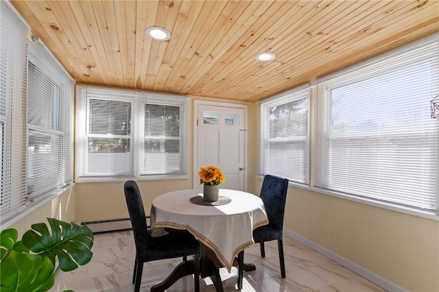 dining room featuring a baseboard radiator, marble finish floor, wood ceiling, and recessed lighting