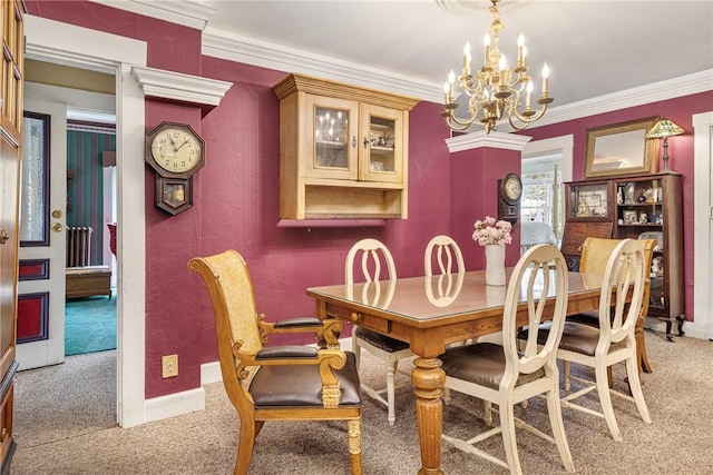 dining area with a chandelier, light colored carpet, crown molding, and baseboards