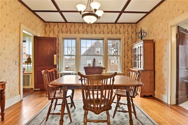 dining space featuring baseboards, coffered ceiling, light wood-style flooring, and wallpapered walls