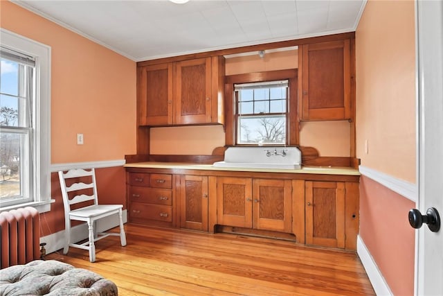 kitchen with plenty of natural light, radiator heating unit, and brown cabinets