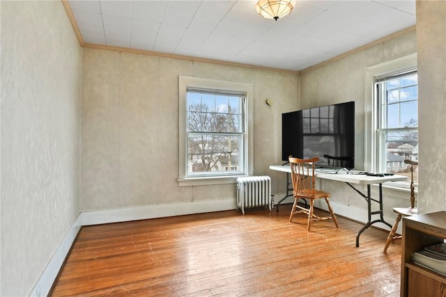 office space with ornamental molding, radiator, wood-type flooring, and baseboards