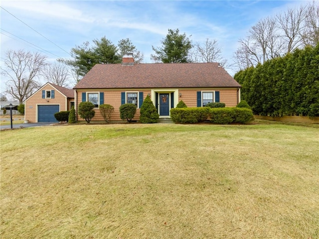 single story home with a chimney, a detached garage, roof with shingles, an outdoor structure, and a front lawn