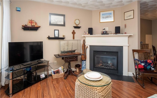 living area featuring baseboards, wood finished floors, and a glass covered fireplace