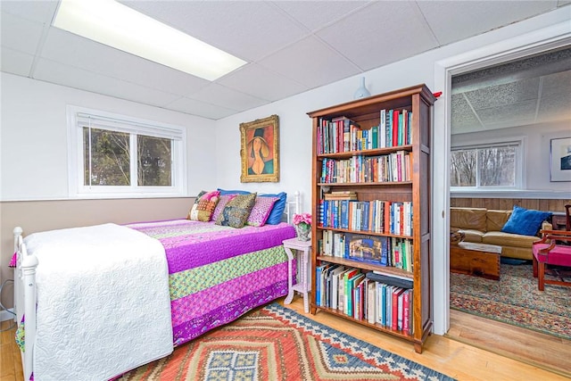 bedroom with wood finished floors and a paneled ceiling