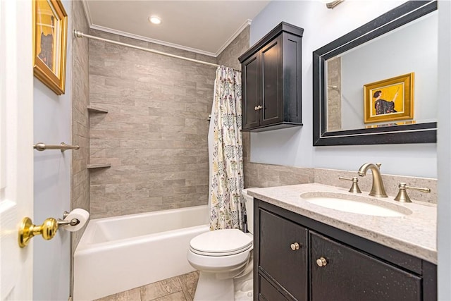 full bathroom with ornamental molding, vanity, toilet, and shower / bath combo with shower curtain