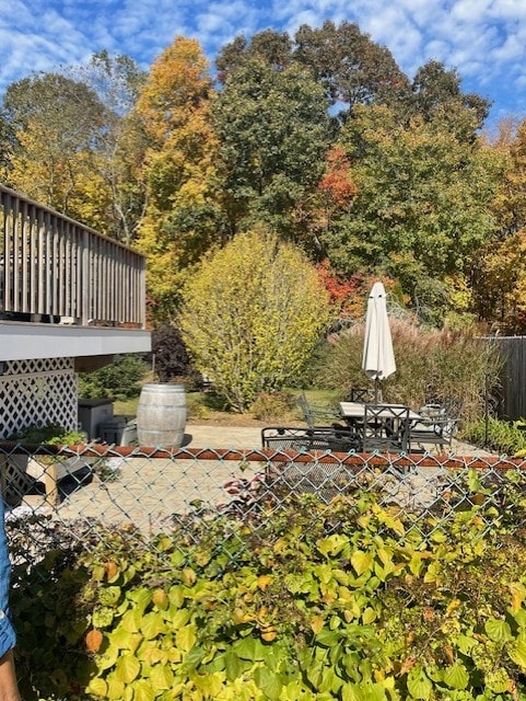 view of yard with outdoor dining space, a patio area, and a wooden deck