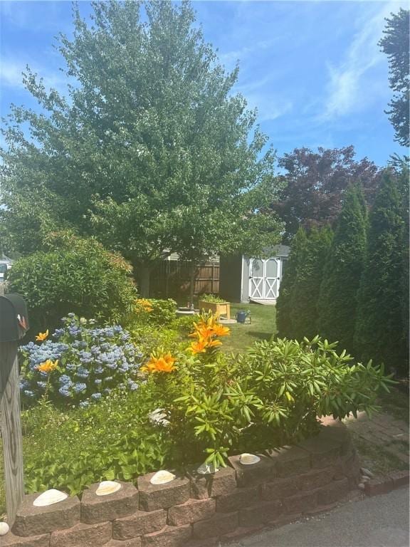 view of yard featuring an outdoor structure, fence, and a shed