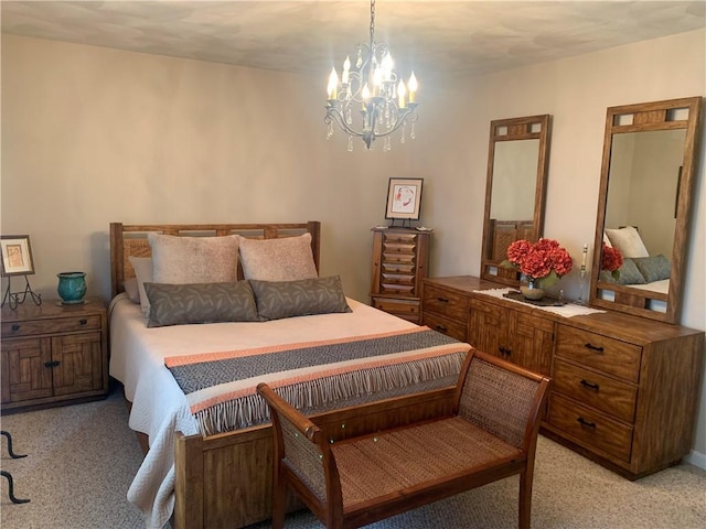 bedroom featuring light carpet and a notable chandelier