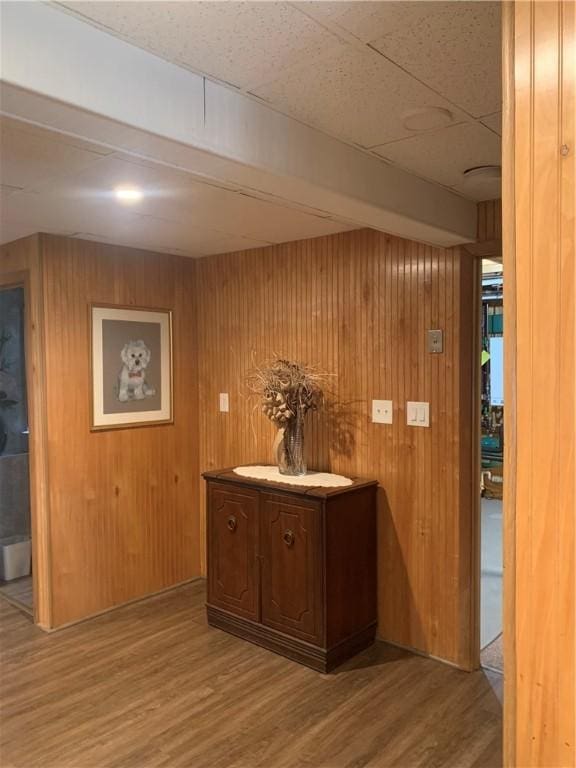 bar with light wood-type flooring and wooden walls