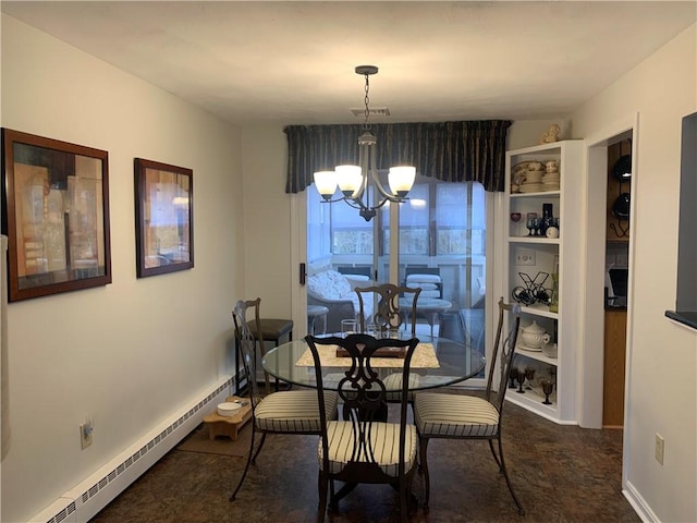 dining room featuring a baseboard heating unit, a chandelier, and baseboards