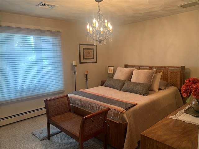 bedroom with visible vents, baseboard heating, and a notable chandelier