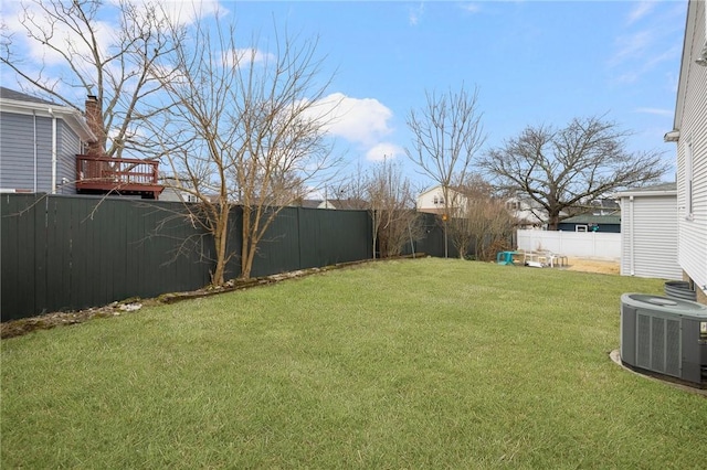 view of yard with central AC unit and a fenced backyard