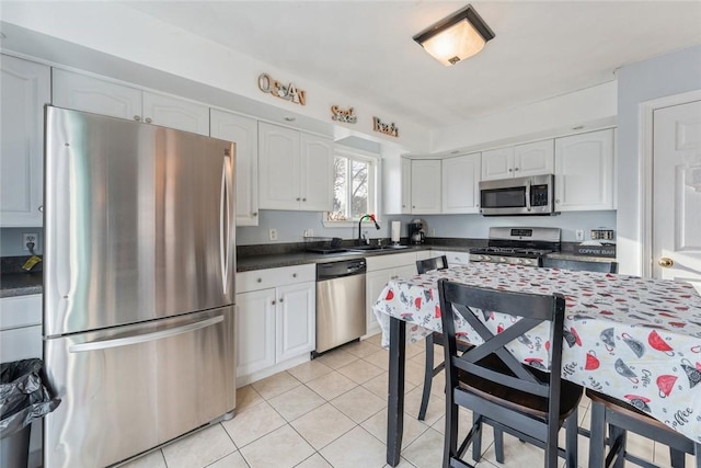 kitchen with light tile patterned floors, stainless steel appliances, a sink, white cabinetry, and dark countertops