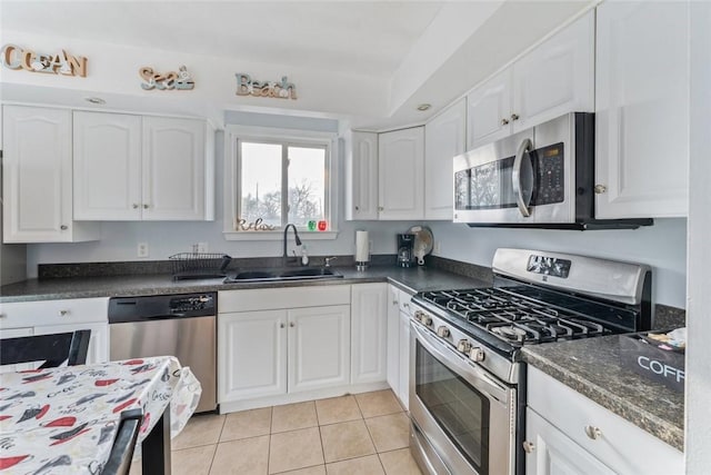 kitchen with stainless steel appliances, dark countertops, a sink, and white cabinets