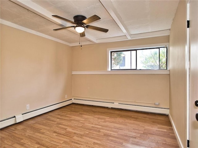 unfurnished room featuring a baseboard radiator, ceiling fan, wood finished floors, beamed ceiling, and baseboards