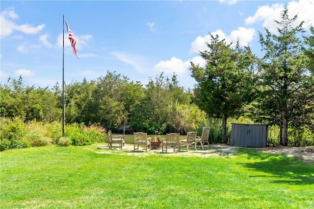 view of yard with an outdoor fire pit, an outbuilding, and a shed