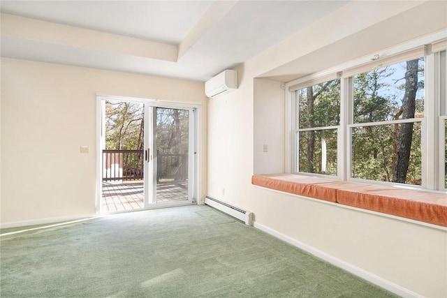 spare room featuring carpet floors, a baseboard radiator, baseboards, and a wall mounted AC