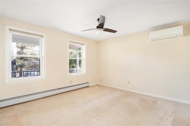 spare room featuring baseboards, light carpet, baseboard heating, and a wall mounted AC