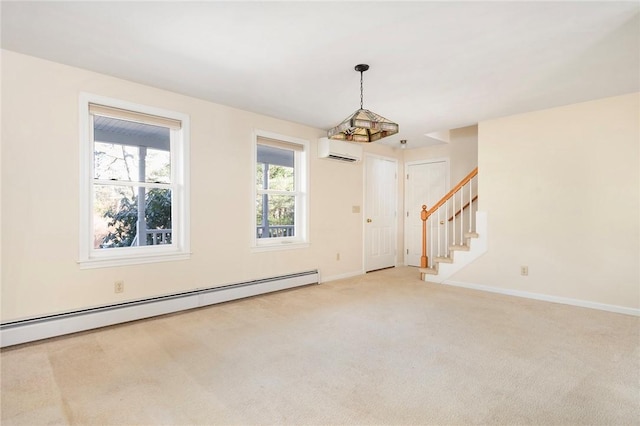 carpeted empty room featuring baseboards, stairway, baseboard heating, and an AC wall unit