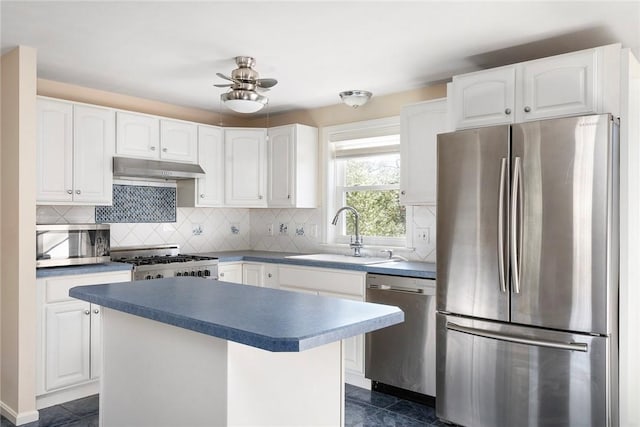 kitchen with white cabinets, under cabinet range hood, stainless steel appliances, and a sink