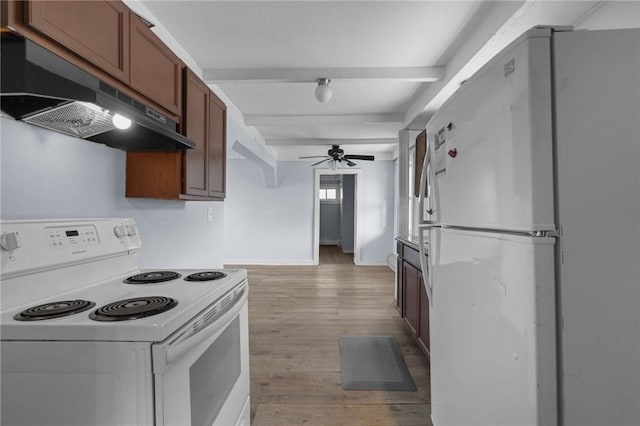 kitchen with white appliances, ceiling fan, light wood-style flooring, beamed ceiling, and under cabinet range hood