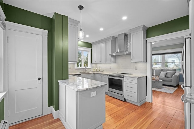 kitchen with wall chimney exhaust hood, tasteful backsplash, a sink, and stainless steel appliances