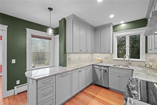 kitchen with a baseboard radiator, a sink, dishwasher, and gray cabinetry