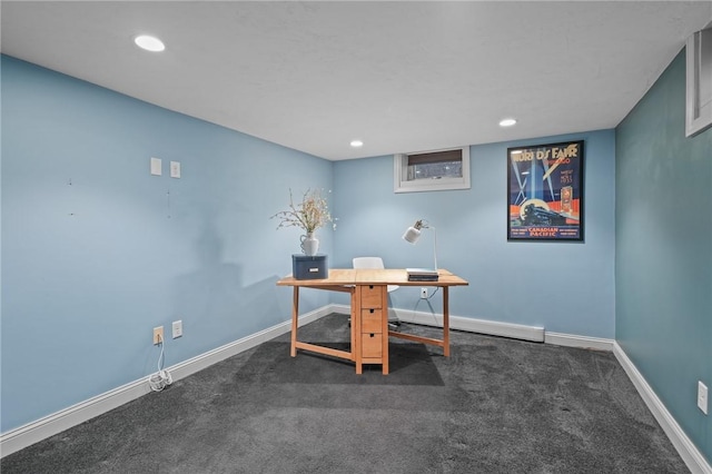 office with recessed lighting, dark carpet, and baseboards