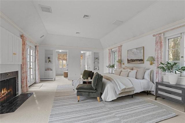 bedroom featuring a fireplace with flush hearth, lofted ceiling, light colored carpet, and visible vents