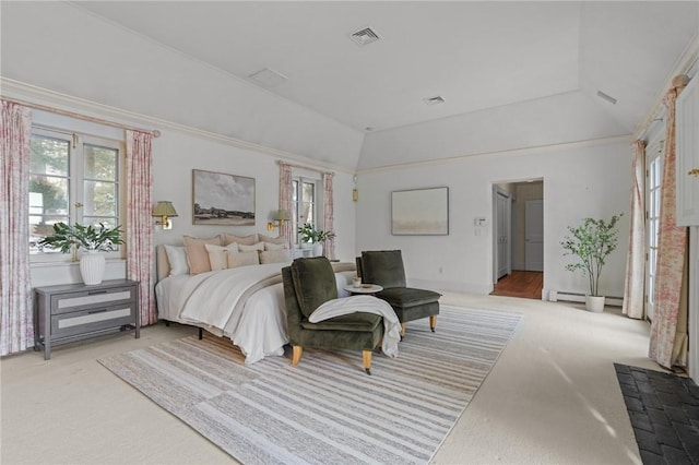 bedroom featuring lofted ceiling, baseboard heating, visible vents, and light colored carpet