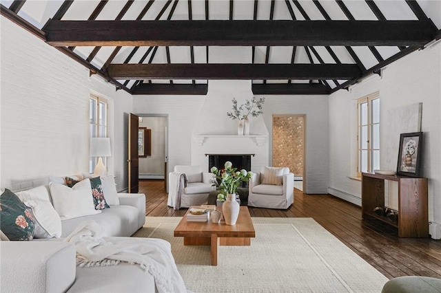 living area featuring a fireplace, a baseboard radiator, wood-type flooring, a healthy amount of sunlight, and beamed ceiling