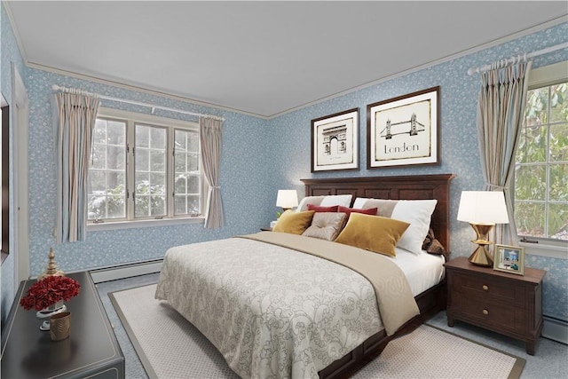 bedroom featuring wallpapered walls, a baseboard heating unit, and ornamental molding