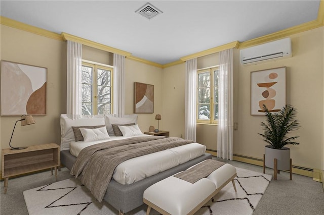 carpeted bedroom with a baseboard radiator, a wall unit AC, crown molding, and visible vents