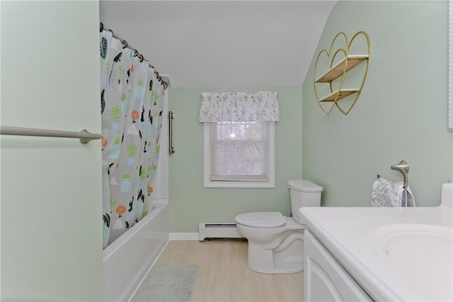 full bathroom featuring shower / tub combo with curtain, a baseboard radiator, toilet, vanity, and wood finished floors