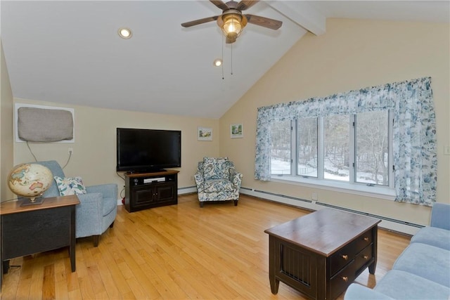 living room with vaulted ceiling with beams, light wood-style floors, a baseboard heating unit, and a ceiling fan