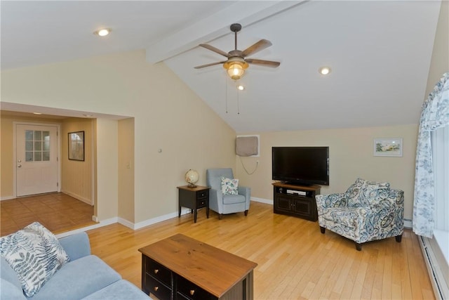 living room with vaulted ceiling with beams, hardwood / wood-style flooring, ceiling fan, and baseboards