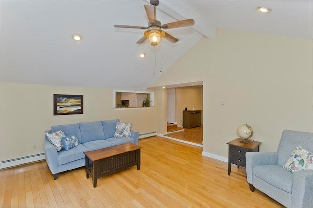 living room featuring a ceiling fan, a baseboard radiator, beam ceiling, and light wood finished floors