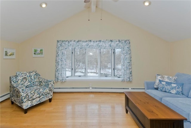 living room with vaulted ceiling with beams, a baseboard radiator, wood finished floors, and recessed lighting