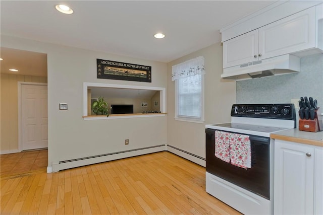 kitchen featuring white electric stove, light wood-style flooring, under cabinet range hood, white cabinetry, and light countertops