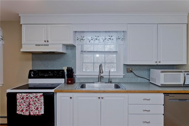 kitchen with electric stove, dishwasher, white microwave, under cabinet range hood, and a sink