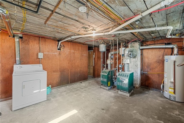 unfinished basement with gas water heater, washer / dryer, and a heating unit