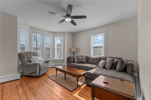 living room featuring light wood-style floors, ceiling fan, a baseboard heating unit, and baseboard heating