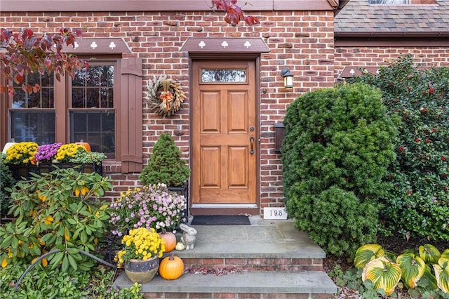 view of exterior entry featuring brick siding and a shingled roof