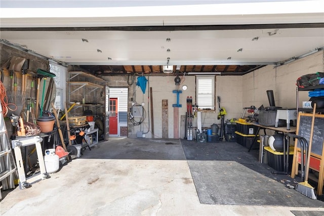 garage with a workshop area