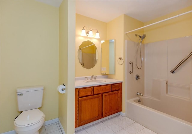 bathroom with bathtub / shower combination, vanity, toilet, and tile patterned floors