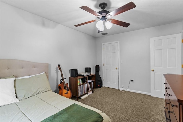 bedroom featuring carpet, visible vents, ceiling fan, and baseboards